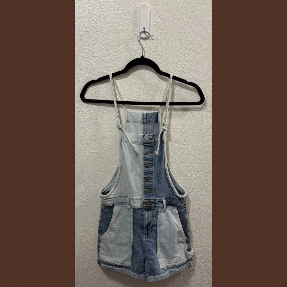 Celebrity Pink Two-Tone Denim Button Front Overalls